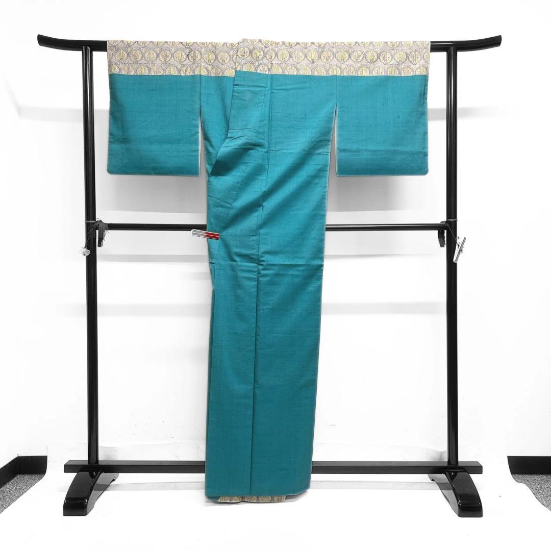 作家もの　紬　付け下げ　抽象模様　ナイルブルー　紋無し　着物　063a d