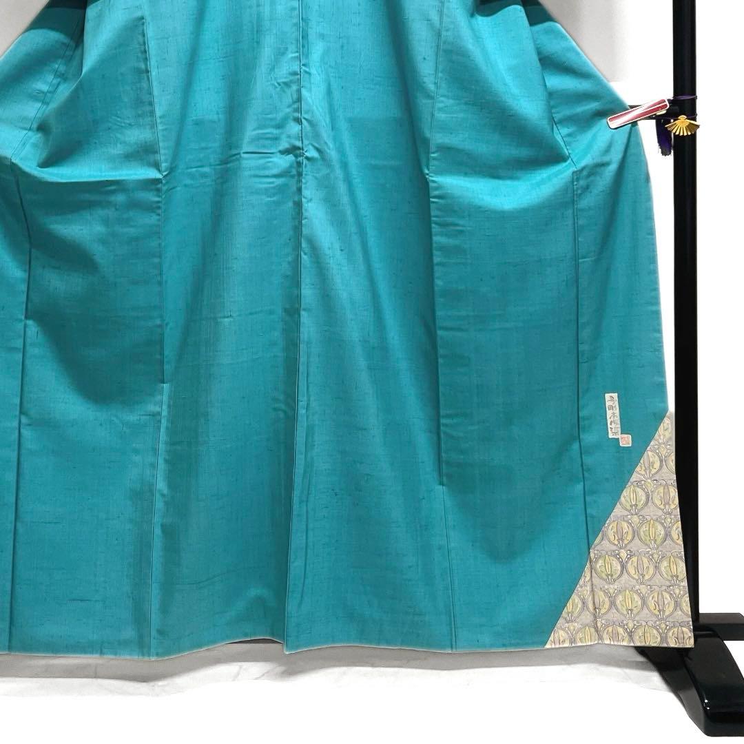 作家もの　紬　付け下げ　抽象模様　ナイルブルー　紋無し　着物　063a d