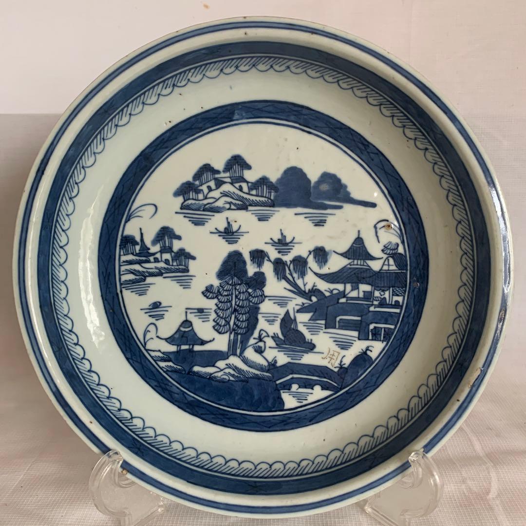 染付鉢 清朝期 山水閣楼 25cm 唐物 青花皿