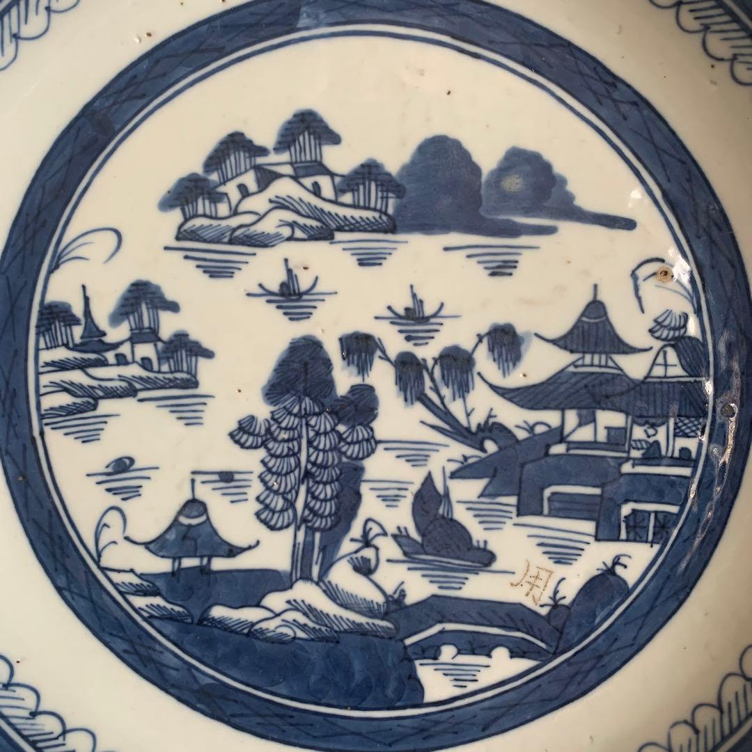 染付鉢 清朝期 山水閣楼 25cm 唐物 青花皿