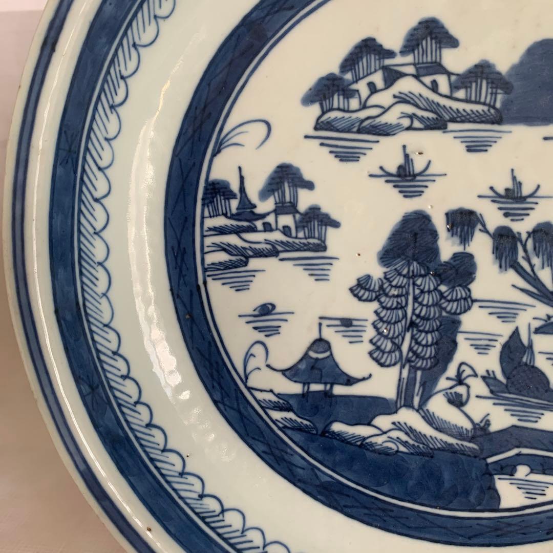 染付鉢 清朝期 山水閣楼 25cm 唐物 青花皿