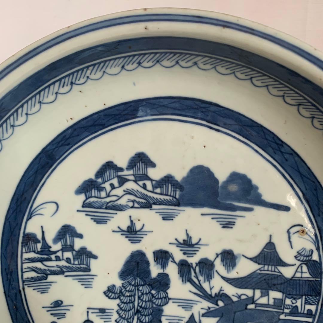 染付鉢 清朝期 山水閣楼 25cm 唐物 青花皿