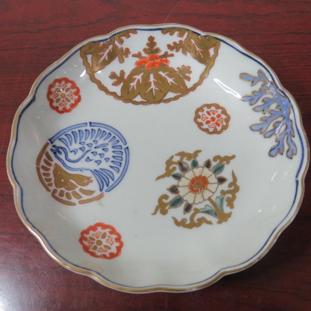 中皿 金彩 色絵付 3枚 歪み 窯傷 高台欠け 鳥文様 花文様 江戸