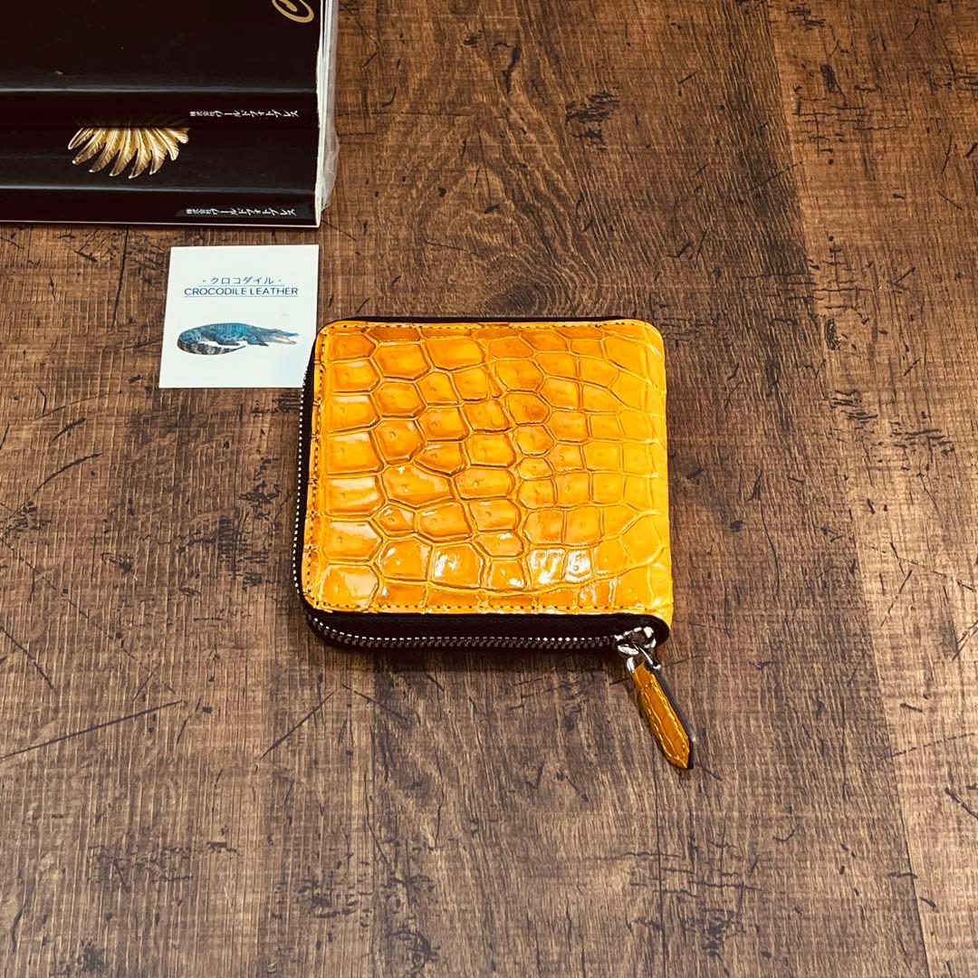 実物撮影 一枚革 二つ折り財布 クロコダイル メンズ ラウンドファスナー 新品