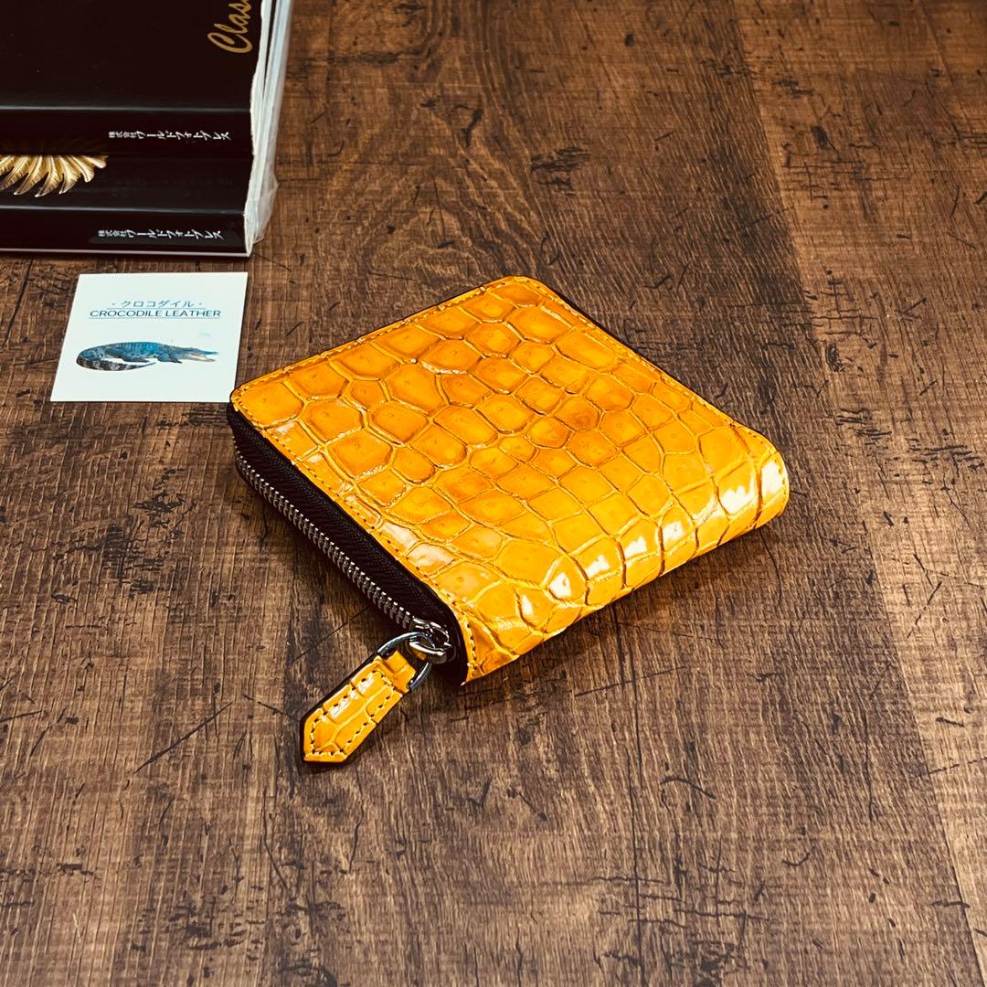 実物撮影 一枚革 二つ折り財布 クロコダイル メンズ ラウンドファスナー 新品