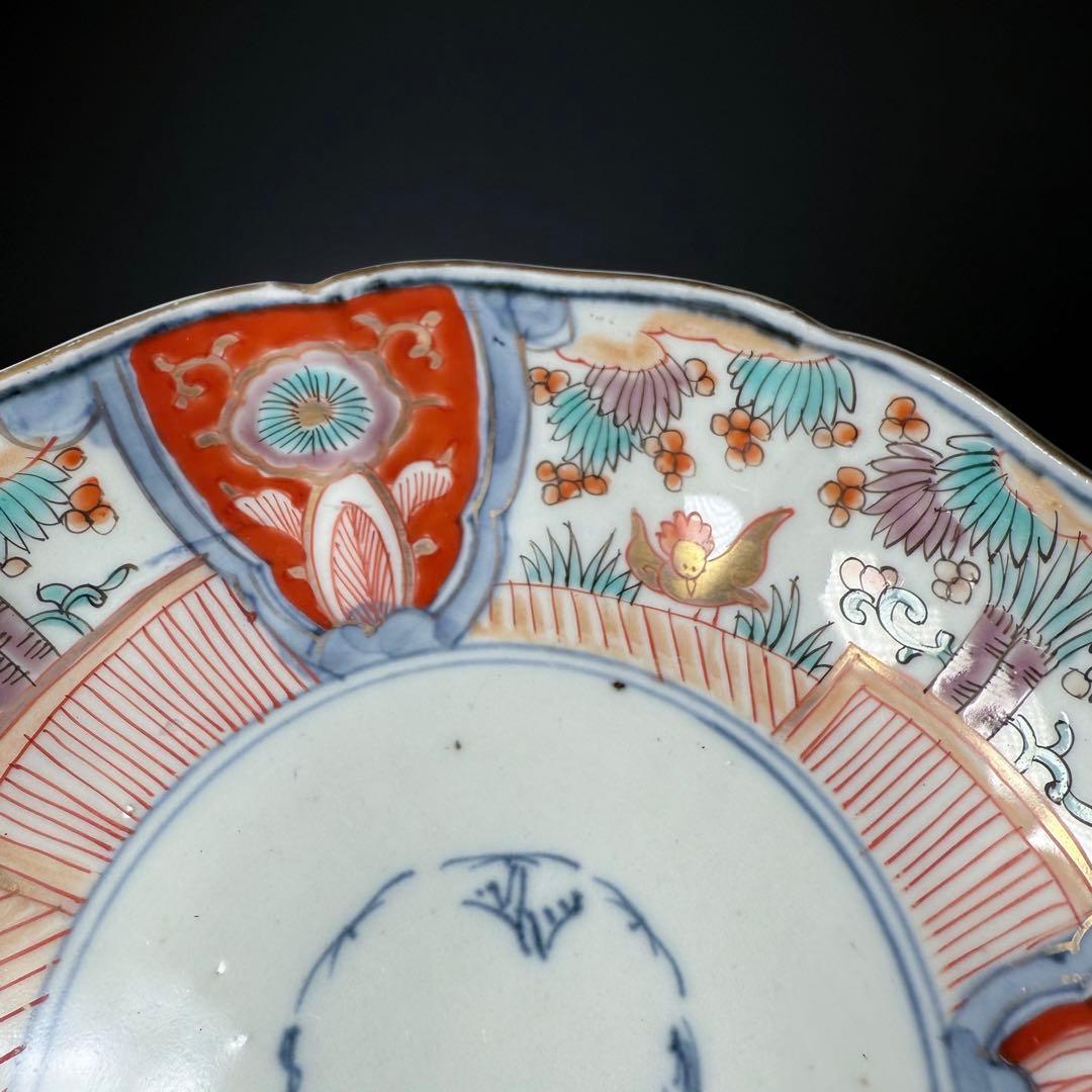 古伊万里　色絵花鳥図輪花形膾皿　松竹梅　裏巻物文様　江戸期　金蘭手　最後の五点