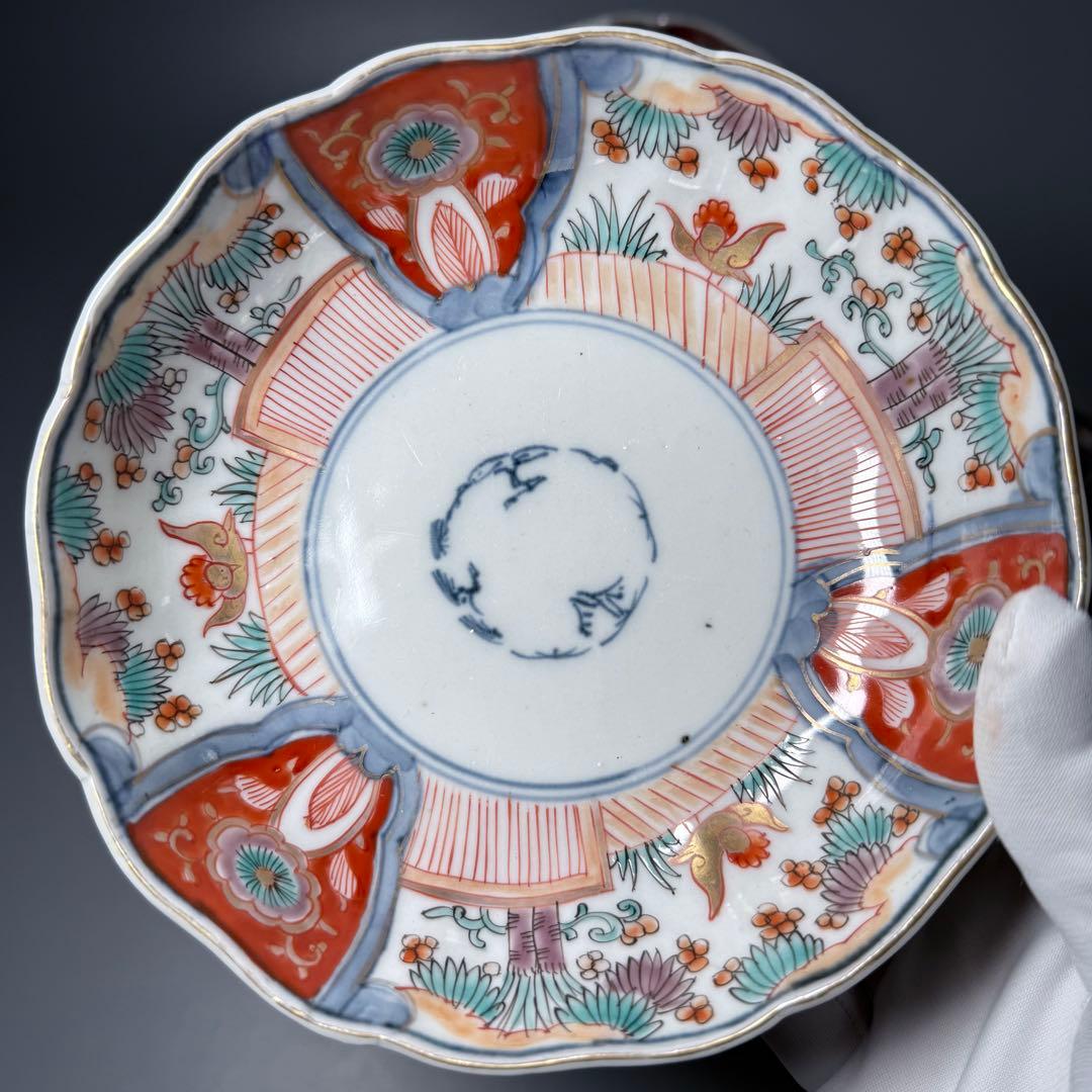 古伊万里　色絵花鳥図輪花形膾皿　松竹梅　裏巻物文様　江戸期　金蘭手　最後の五点