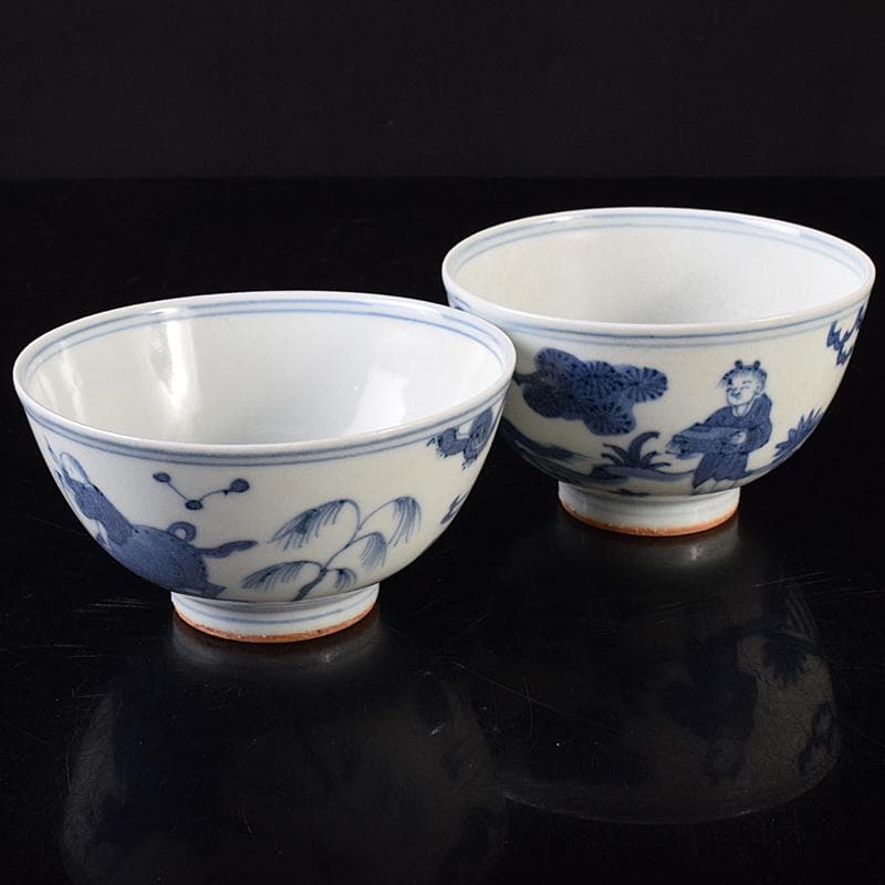 金山　中国　大明萬暦年製　青花山水人物文茶碗　2点　C　8164E