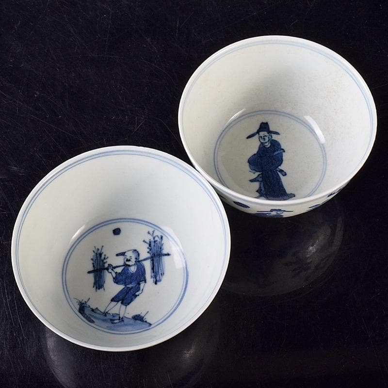 金山　中国　大明萬暦年製　青花山水人物文茶碗　2点　C　8164E