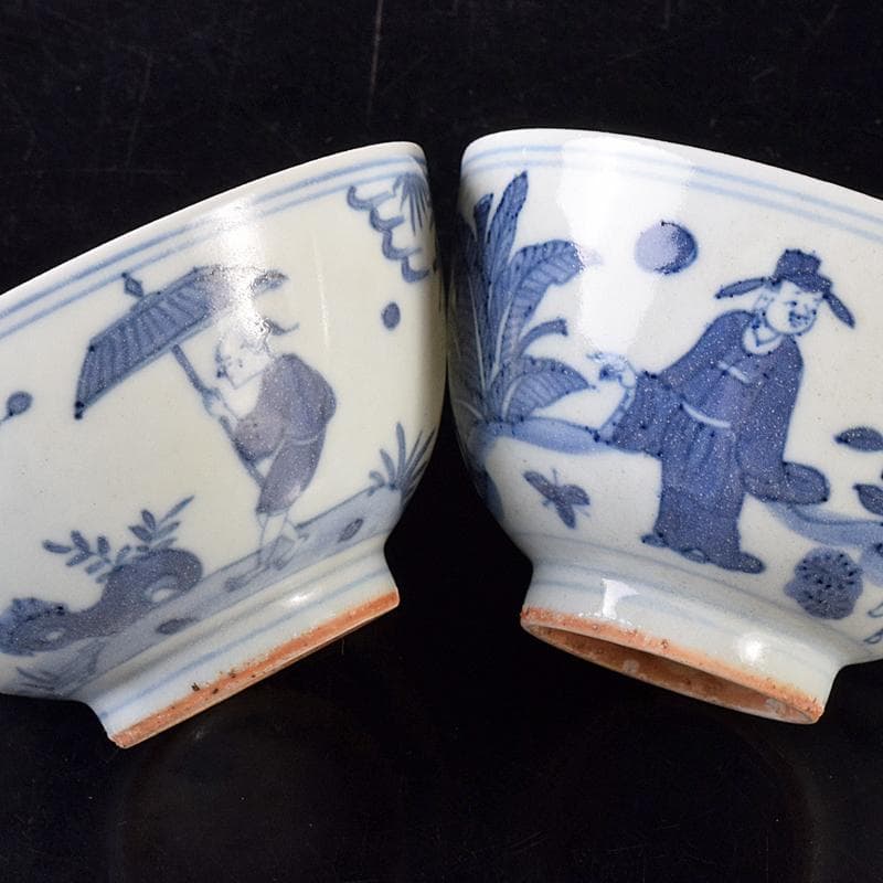 金山　中国　大明萬暦年製　青花山水人物文茶碗　2点　C　8164E