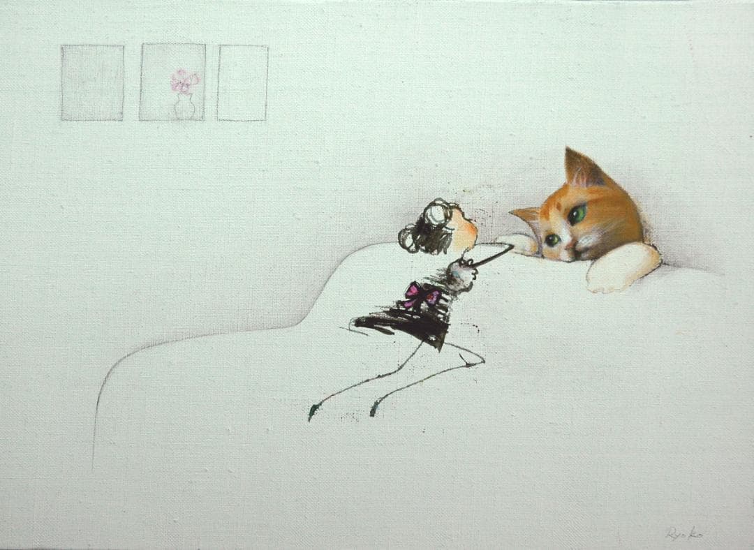 油絵 菅家令子 絵 絵画 インテリア額付(銀) F4-090518 子猫と女の子