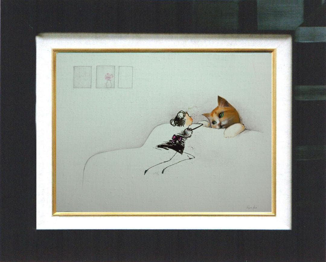 油絵 菅家令子 絵 絵画 インテリア額付(銀) F4-090518 子猫と女の子