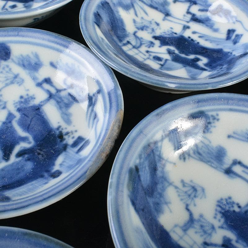 伊万里焼　古伊万里　染付　山水文　盛塩皿　小皿　八客　時代箱　V　R6377