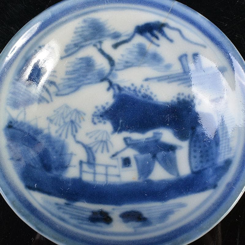 伊万里焼　古伊万里　染付　山水文　盛塩皿　小皿　八客　時代箱　V　R6377