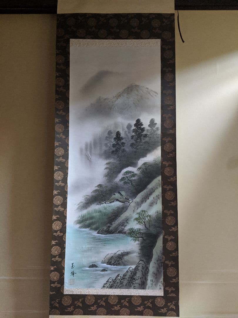 ※骨董品※掛け軸彩色山水作者玉峰