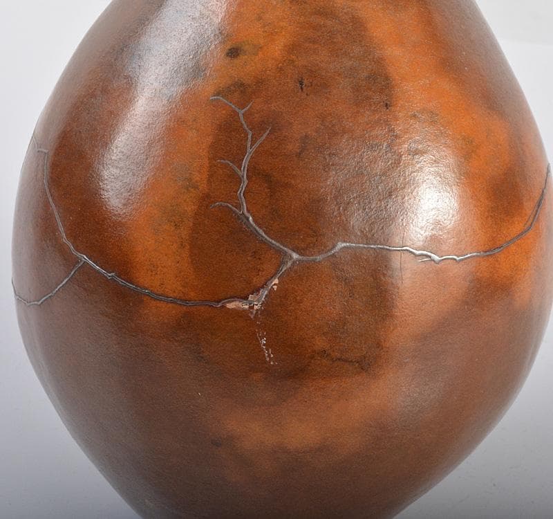 時代　瓢花入れ　瓢鶴首花生　銀蒔絵修繕枝文様　在銘　共箱 C　R4206