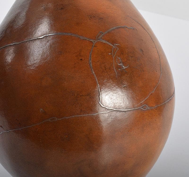 時代　瓢花入れ　瓢鶴首花生　銀蒔絵修繕枝文様　在銘　共箱 C　R4206