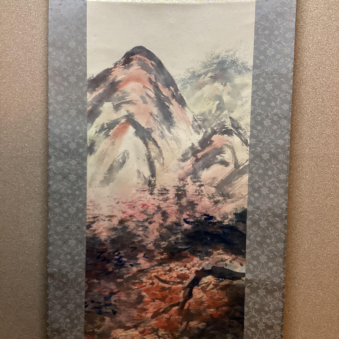 富田渓仙　絹本着色【秋景紅葉乃瀧】　渓仙自題箱　二重箱肉筆画　真作保証　NO21