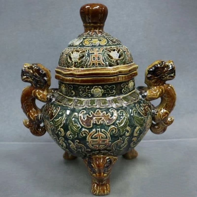 パステル福寿図紋磁器香炉 香道具 景徳鎮 工芸品 美術品 置物