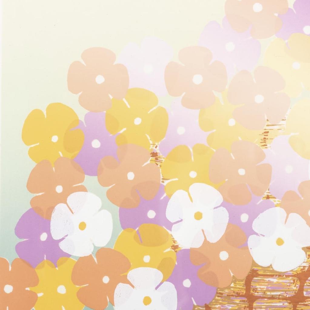 木製高級額装　手作りパール塗装額　シルクスクリーン　かごの花　 約45×45cm