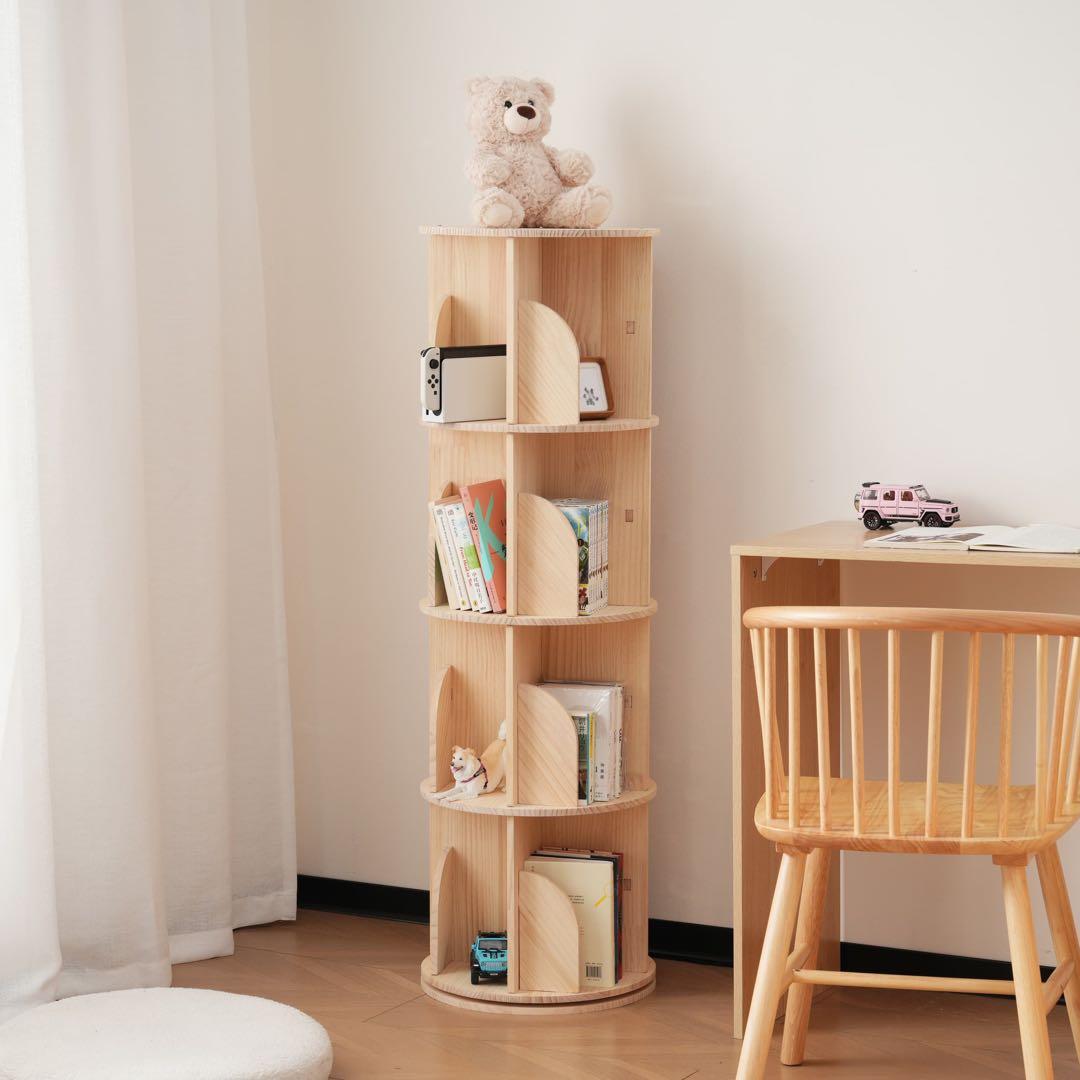 【新品】 4段-回転盤タイプ無垢材 回転式本棚 飾り棚 絵本棚 360°回転本棚