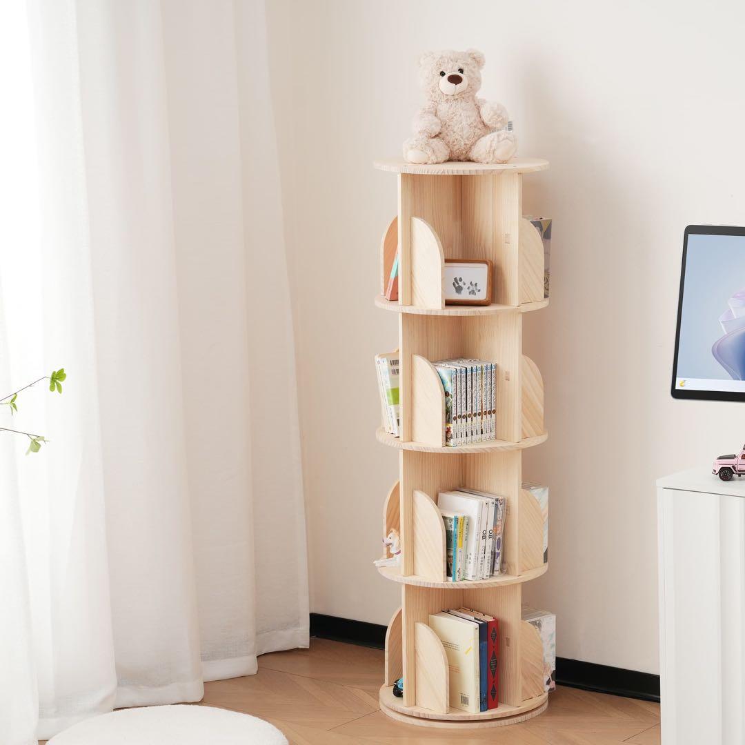 【新品】 4段-回転盤タイプ無垢材 回転式本棚 飾り棚 絵本棚 360°回転本棚