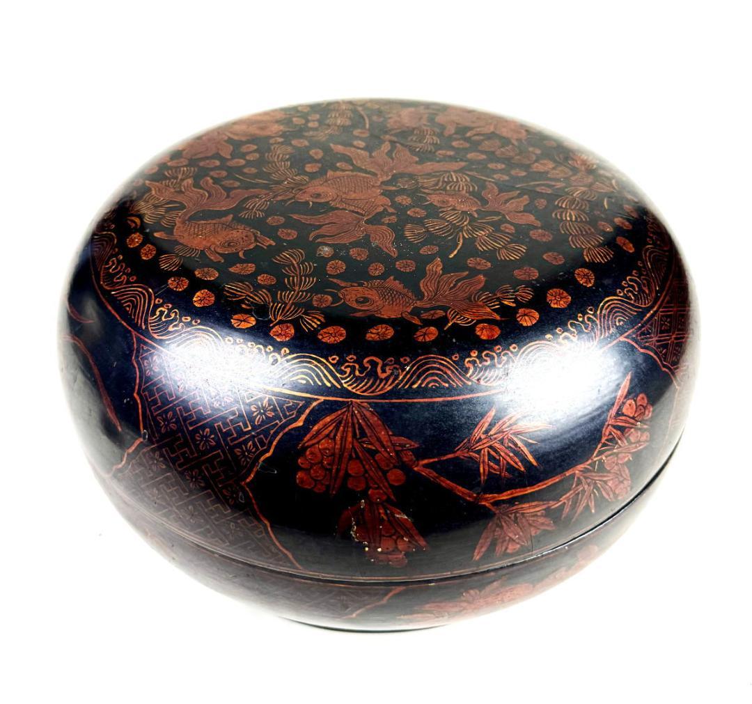 時代物 木製描金魚藻文蒔絵喰籠 菓子器 約直径32cm 漆器 骨董WWWT073