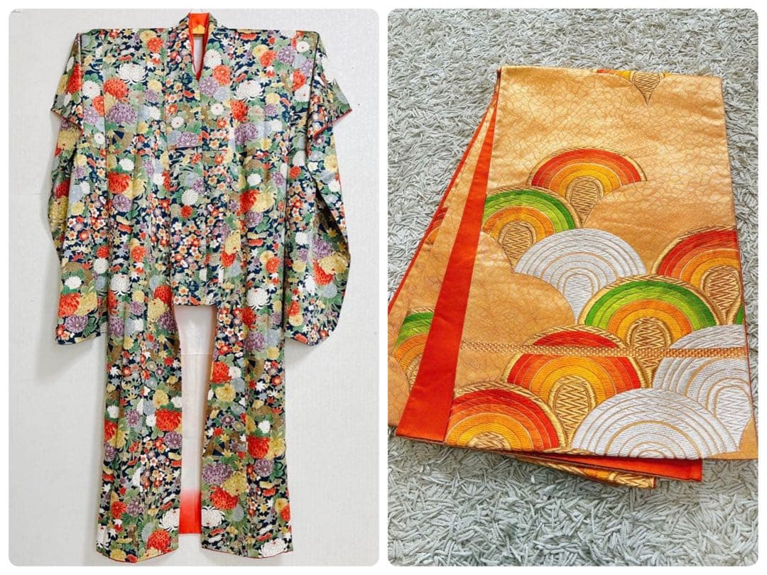 2点セット 美品 三松 アンティーク 振袖 正絹 袷 帯 大正ロマン 成人卒業式