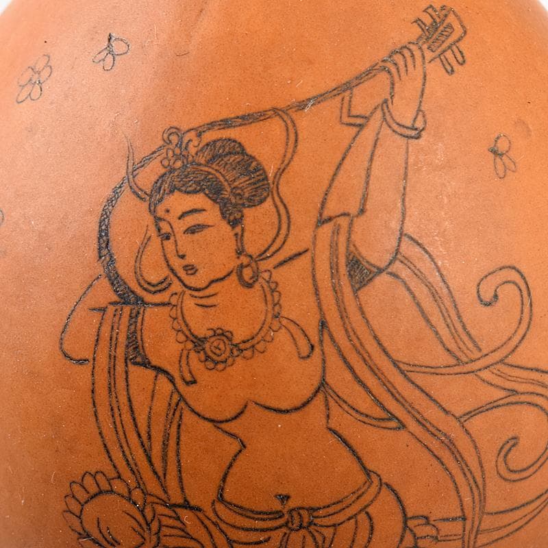 中国　漢詩西遊記刻　漢詩天女刻　丸瓢箪　唐木台付　2点　V　R7974