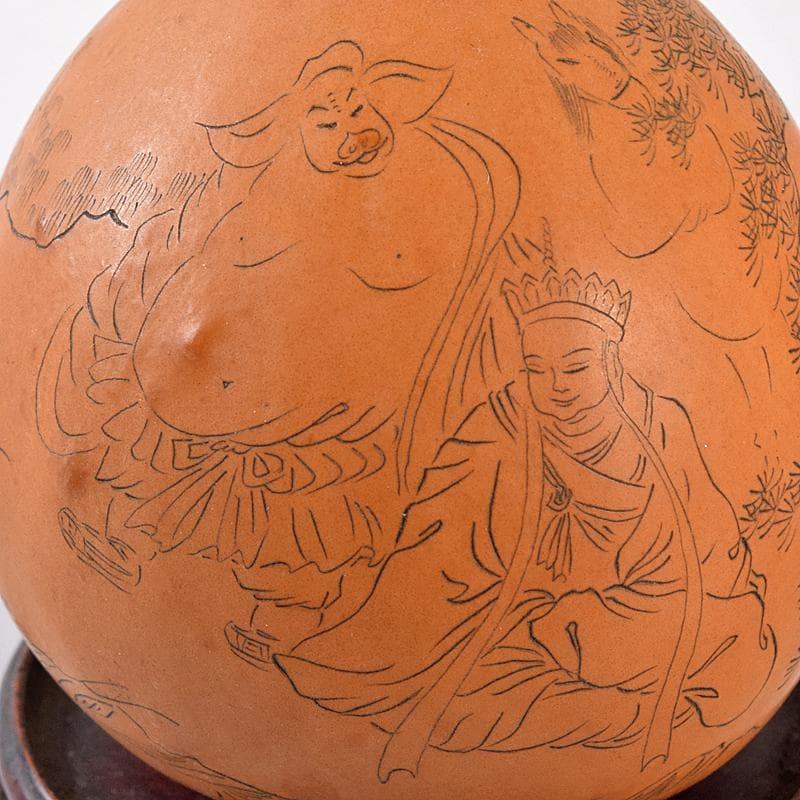 中国　漢詩西遊記刻　漢詩天女刻　丸瓢箪　唐木台付　2点　V　R7974