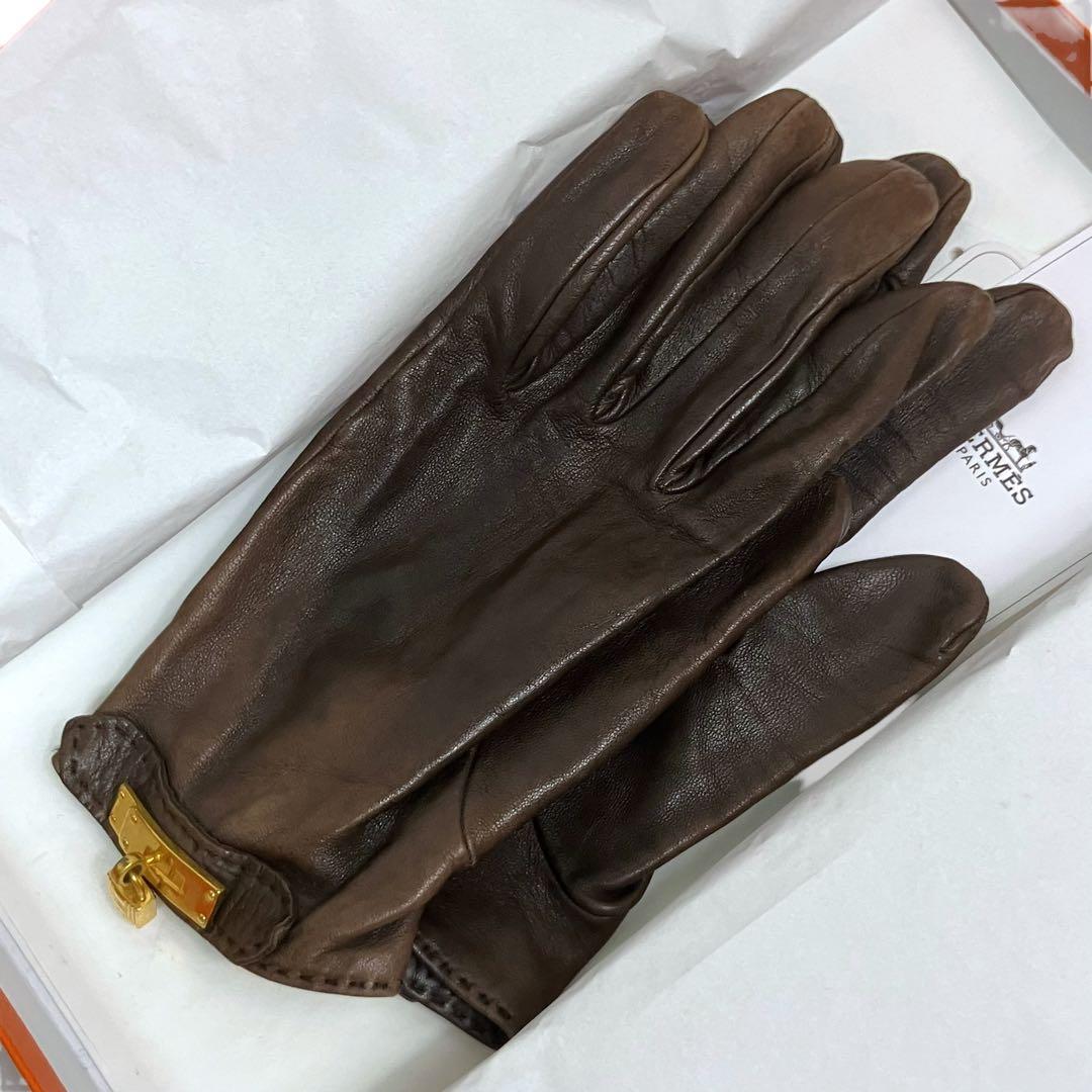 HERMES エルメス 手袋 グローブ ケリー ダークブラウン レザー サイズ7