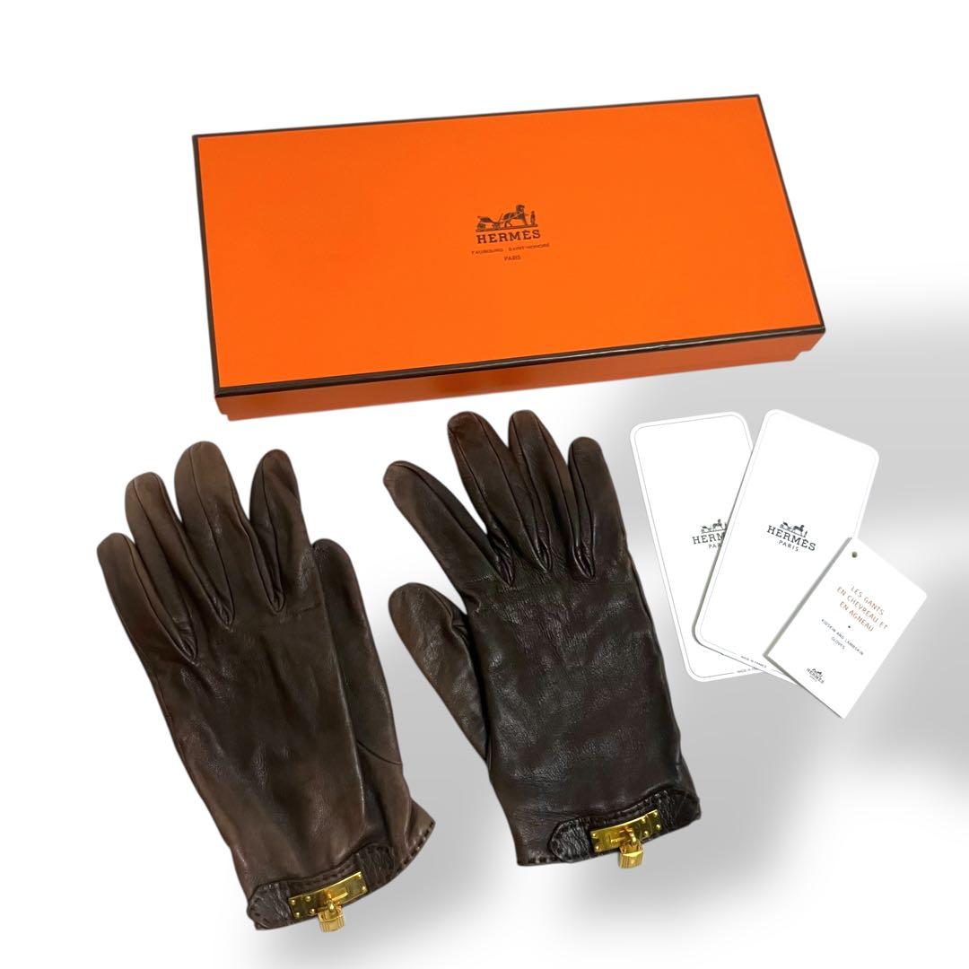 HERMES エルメス 手袋 グローブ ケリー ダークブラウン レザー サイズ7
