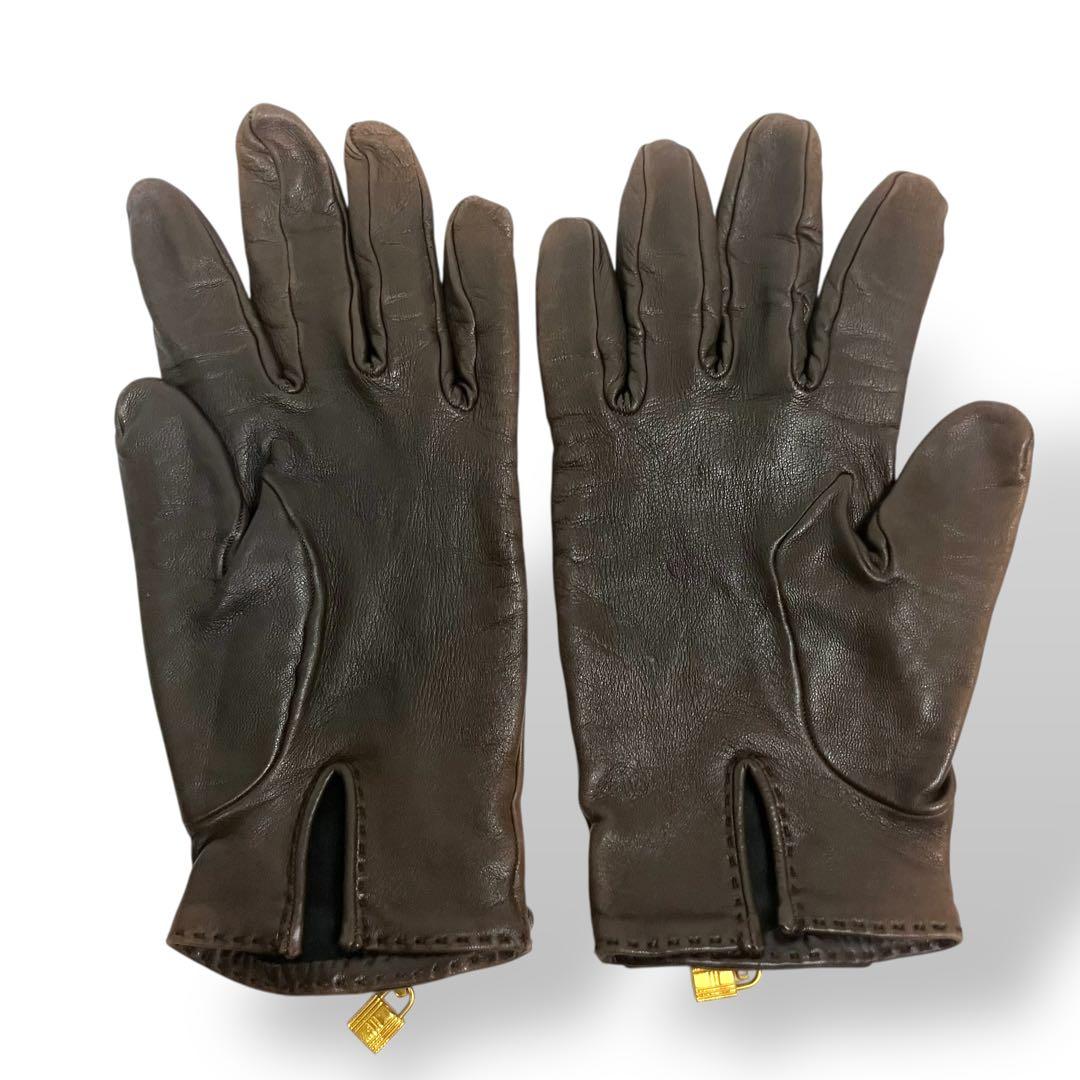 HERMES エルメス 手袋 グローブ ケリー ダークブラウン レザー サイズ7
