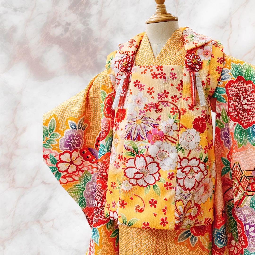 ◎mk-1908　七五三　振袖　着物　女の子　御祝い着　エンボス加工　10-15