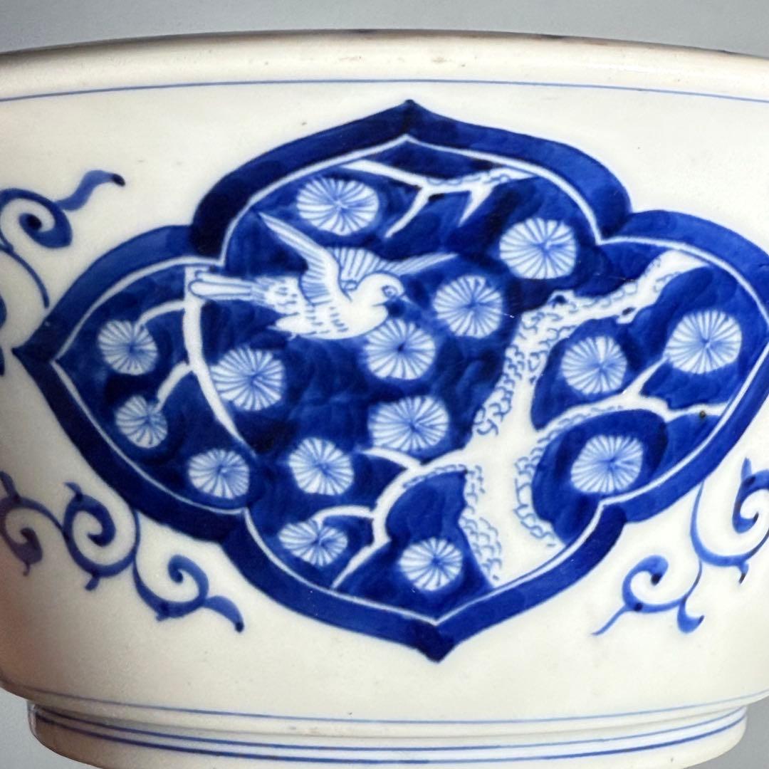 幕末〜明治期　染錦　大鉢　川海老　青海波　桜文様　鳥に松竹梅　二重高台　金魚鉢