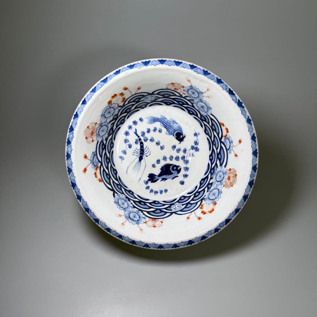 幕末〜明治期　染錦　大鉢　川海老　青海波　桜文様　鳥に松竹梅　二重高台　金魚鉢