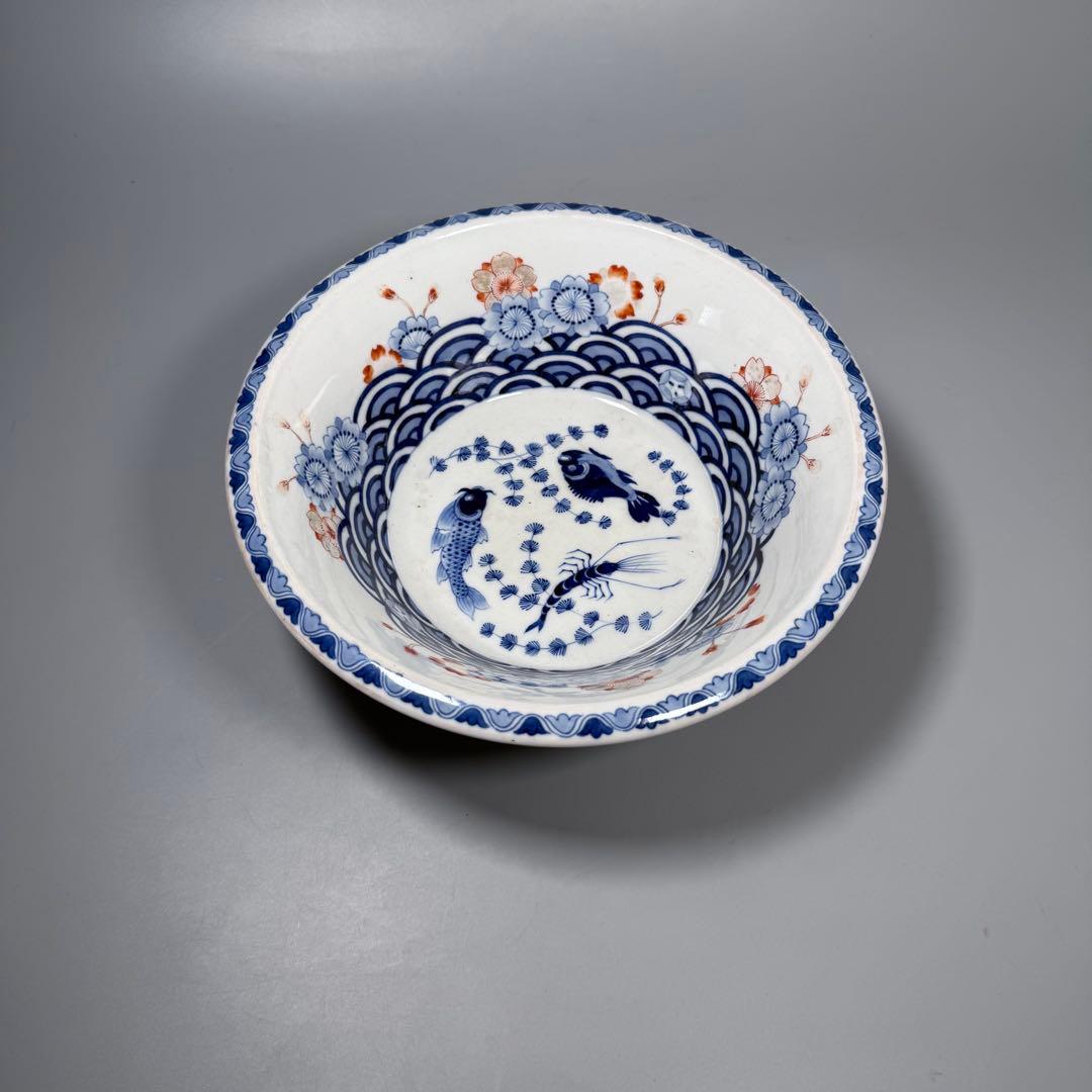 幕末〜明治期　染錦　大鉢　川海老　青海波　桜文様　鳥に松竹梅　二重高台　金魚鉢