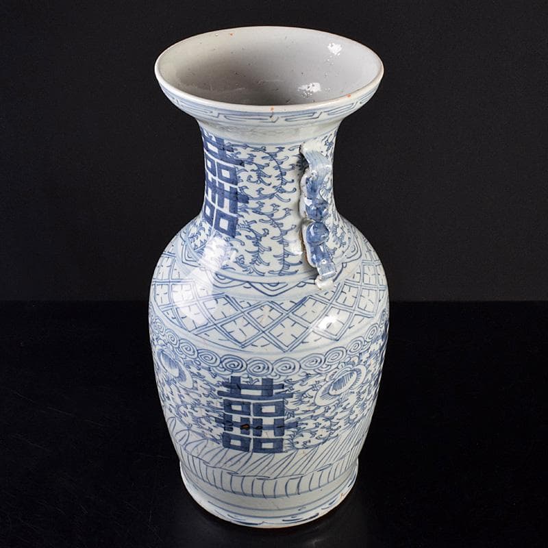 中国　青花　喜字文雙耳瓶　高さ約42.5㎝　V　R7762B