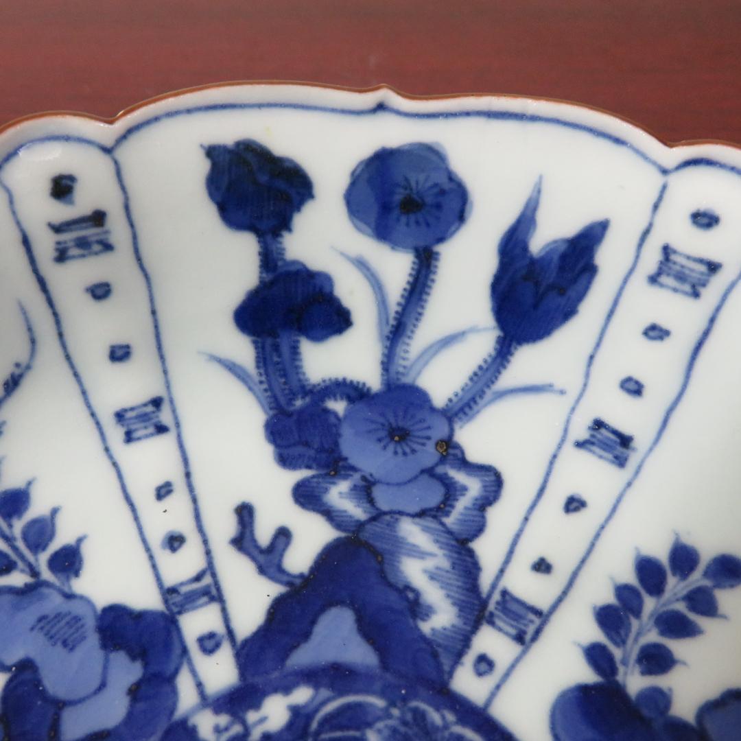 染付 なます皿 3ケ 芙蓉手 明治 花文様 輪花 花弁 唐花草 歪み 美品