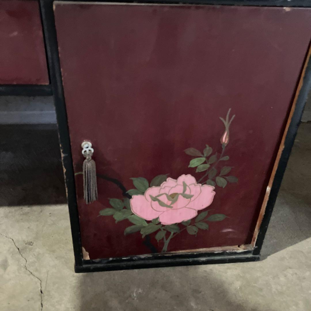 昭和レトロ 文机 花柄 デスク テーブル 薔薇 時代物 片袖 座机 ローテーブル