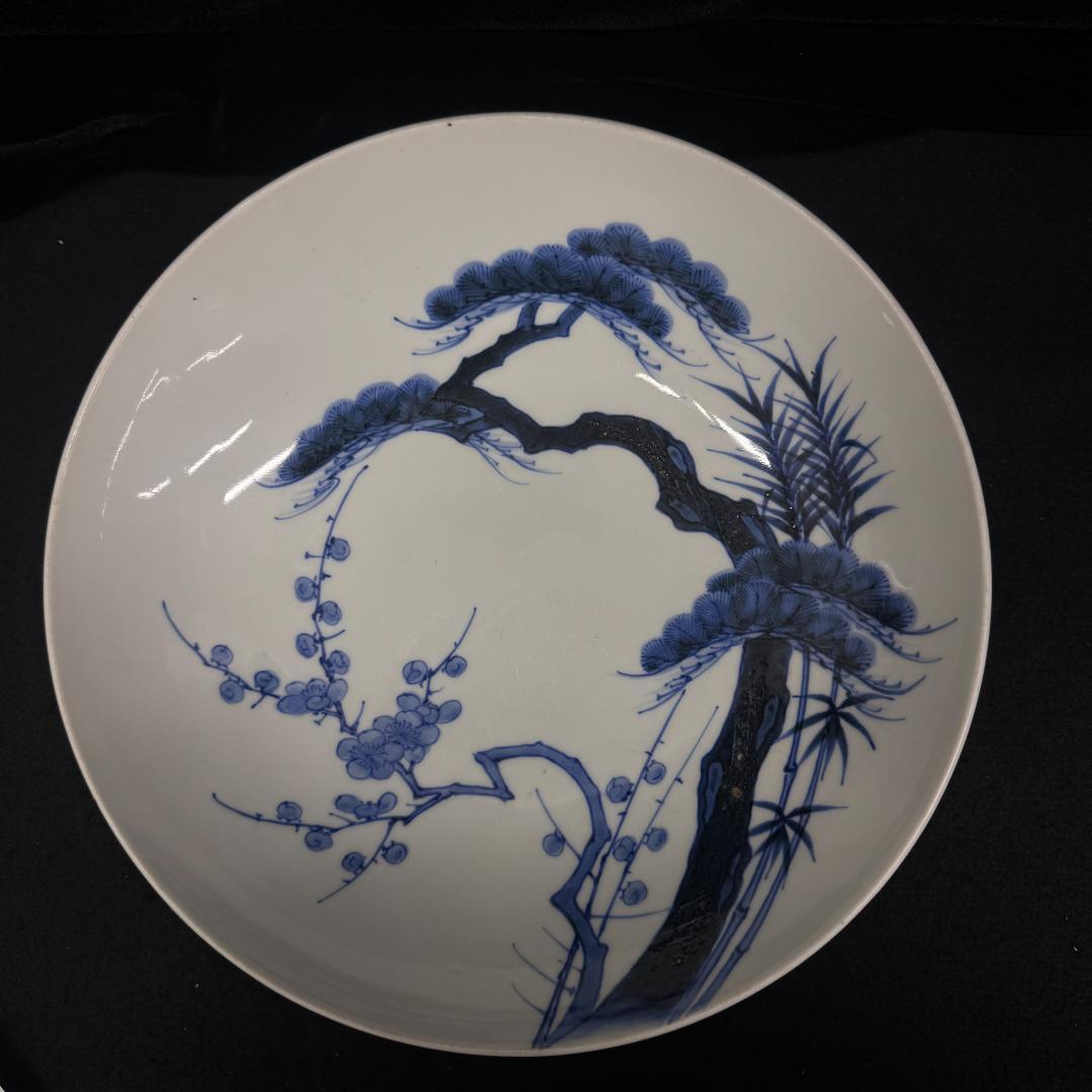 年末値下げ！鍋島焼　染付松竹梅文大鉢 （江戸時代後期　19世紀中頃）高台櫛目文