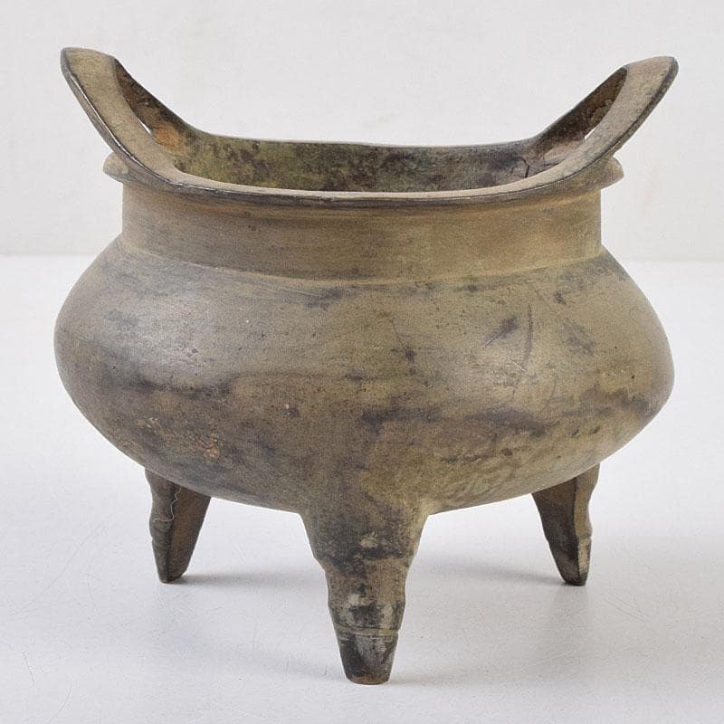 中国　大明宣徳年製　古銅　三足沖耳爐　香炉　時代箱付　M　R9196