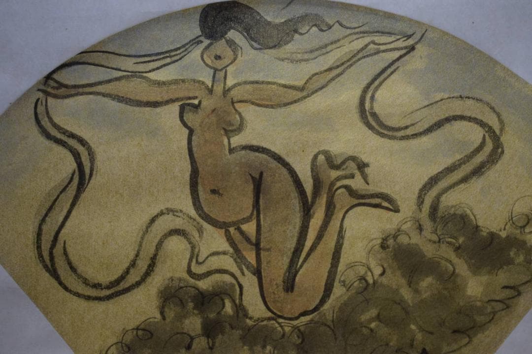 真作/木内克/飛天/天女図/扇面/桐共箱付/布袋屋掛軸HE-605