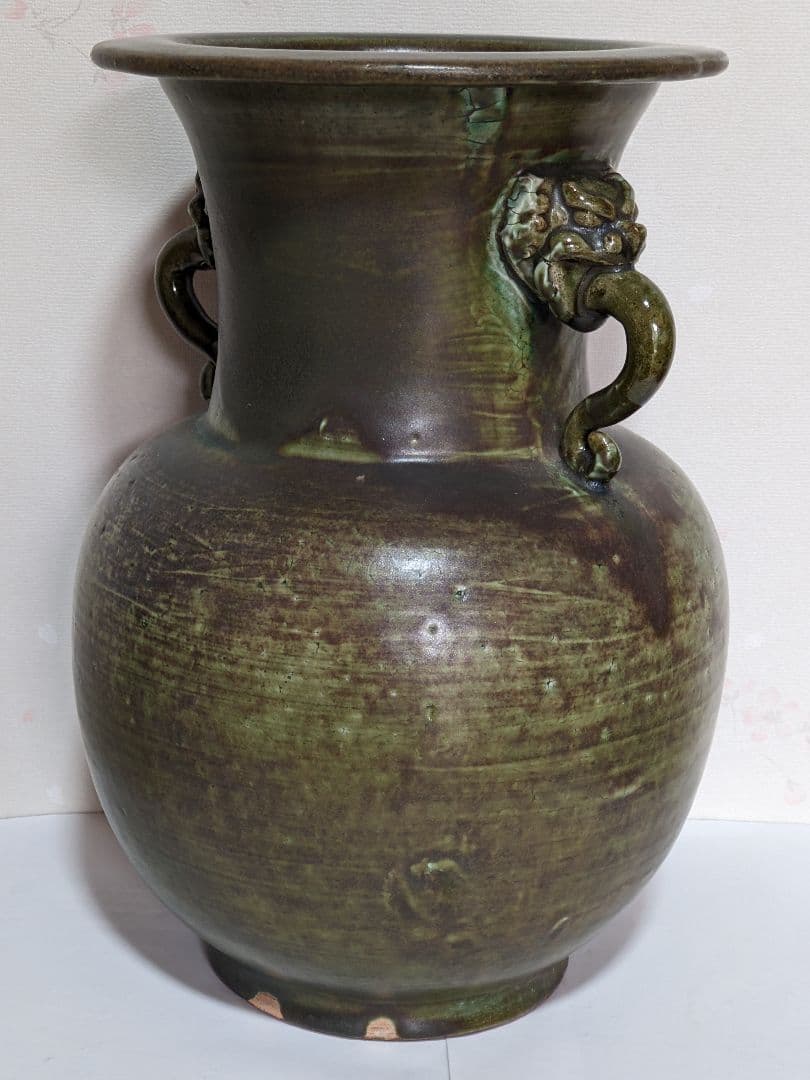 ♦中国陶磁 海鼠釉？辰砂 神獣飾り双耳 尊形花瓶 壺 瓶 古玩 古美術 骨董品