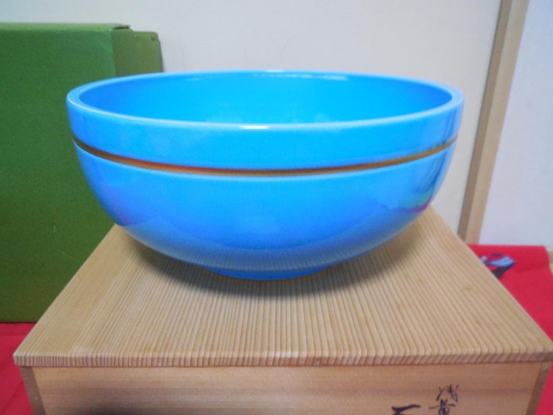 茶道具　　手塚桃峰 　浅黄交趾　　平水指　塗蓋8寸　共布共箱・しおり