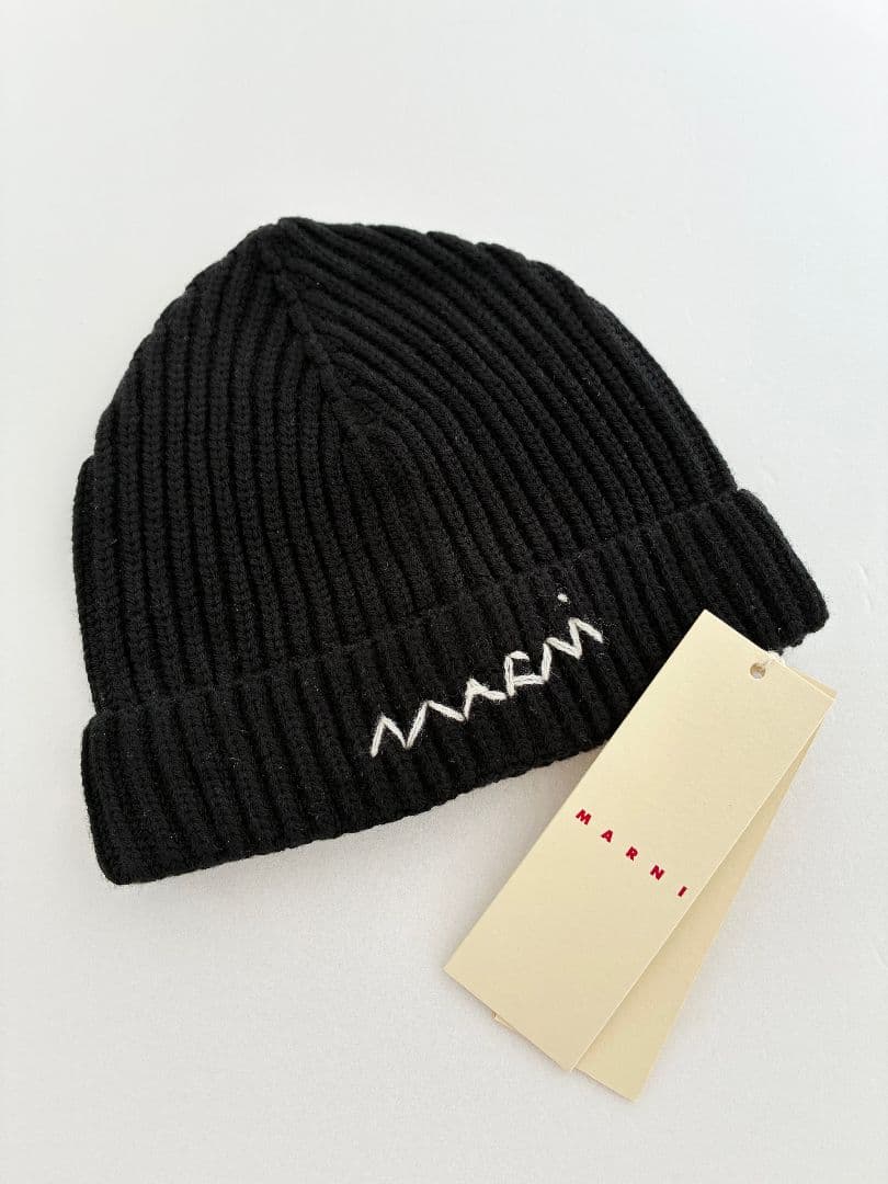 大人もOK! Marni マルニ 刺繍ロゴ リブ ニット帽 ニットキャップ BK