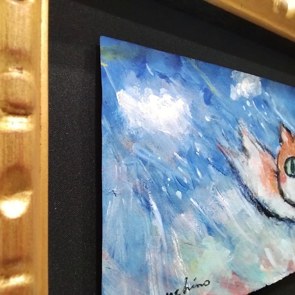内野隆文　雨とネコダッシュ　絵画　現代アート　猫　ドローイング　額縁　真作