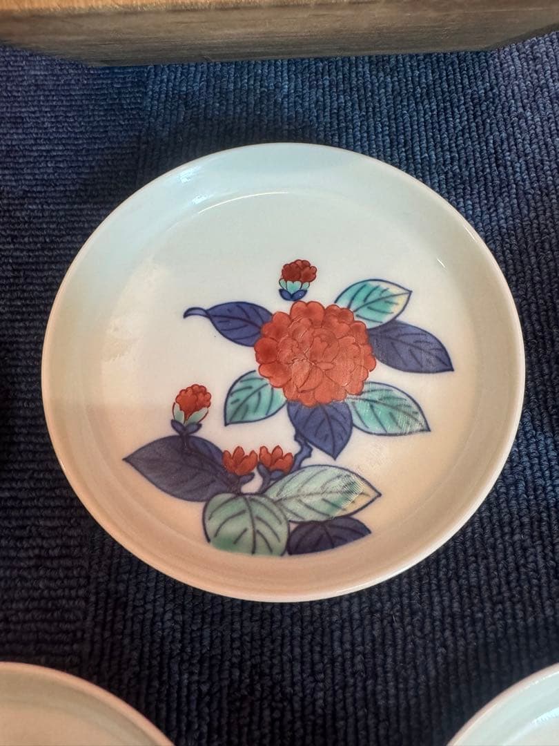 1886  今泉今右衛門作　錦椿画小皿　5客　未使用