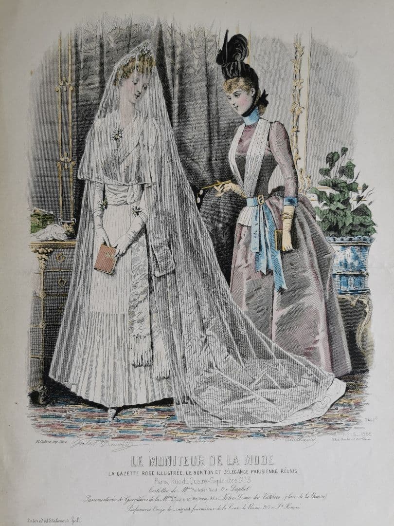 19cアンティーク銅版画 聖書を携えた新婦と姉妹/友人 ウェディングドレス手彩色