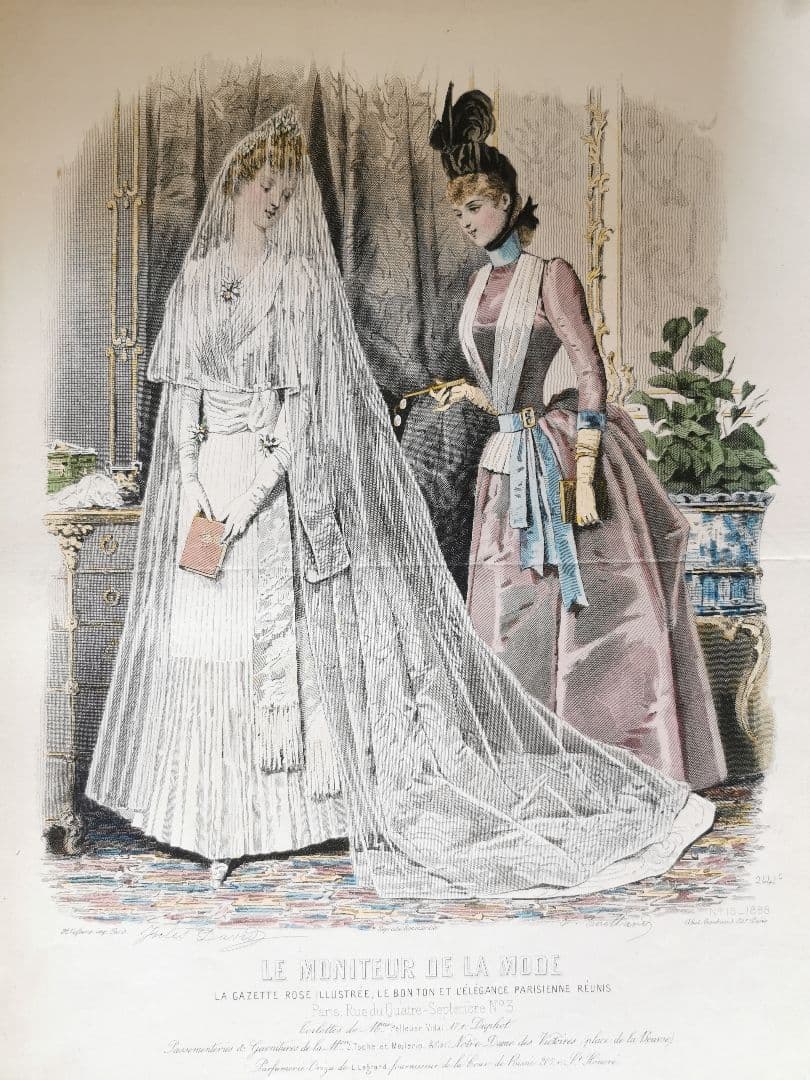 19cアンティーク銅版画 聖書を携えた新婦と姉妹/友人 ウェディングドレス手彩色